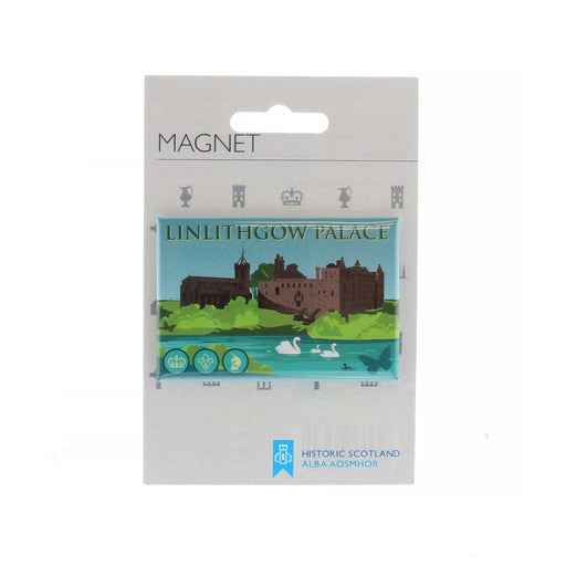 A small oblong fridge magnet attached to a piece of holding card with the test at the top reading 'Magnet' and at the bottom the Historic Scotland logo is visible with the Gaelic translation underneath. The rectangular gloss finished magnet features artwork depicting Linlithgow Palace and the water surrounding it.  A family of swans are visible in the waters and the palace name is printed at the top.