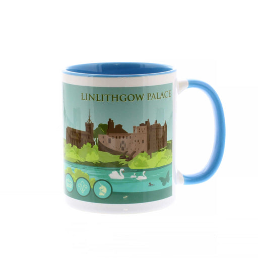White ceramic mug featuring a bold print of Linlithgow Palace and it's grounds. The water in the foreground highlights a swan family and other birds. 