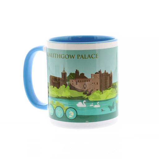White ceramic mug featuring a bold print of Linlithgow Palace and it's grounds. The water in the foreground highlights a swan family and other birds. 
