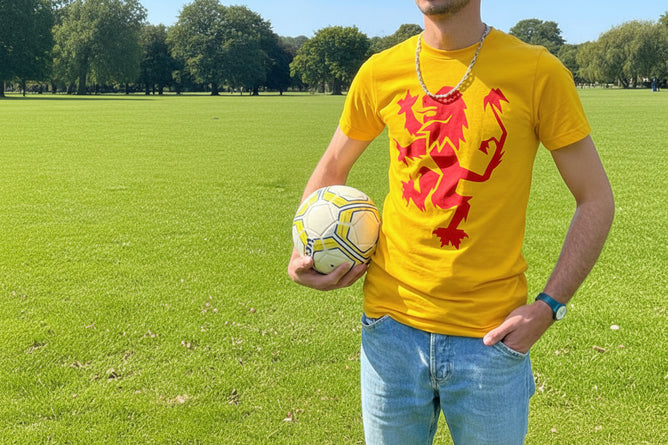 Person standing in front of some trees and greenery wears a yellow t-shirt. The t-shirt features a bold red lion rampant and the person is holding a football under their arm. 