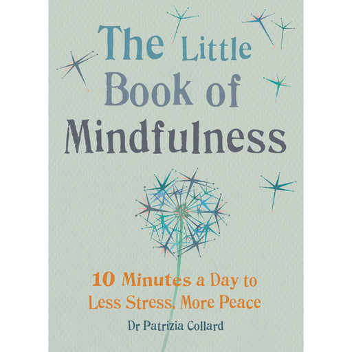 Front cover of the Little Book of Mindfullness has a calming light green colour and a digital print of a dandelion shaped flower. The text below is in orange and reads '10 minutes a day to Less Stress, More Peace'. 