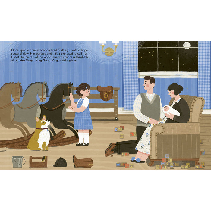 A page from the book shows a young Elizabeth playing with 3 rocking horses in a large blue room. 