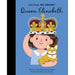 Front cover of the Little People Big Dreams - Queen version features a young Queen holding a corgie and holding up her crown.