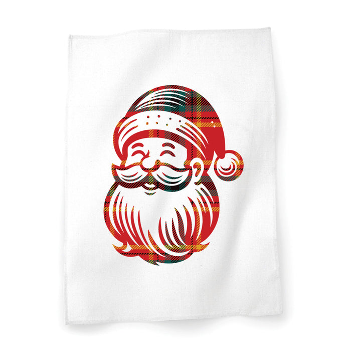 A festive white cotton tea towel adorned with a jolly Santa Claus face.