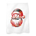 A festive white cotton tea towel adorned with a jolly Santa Claus face.