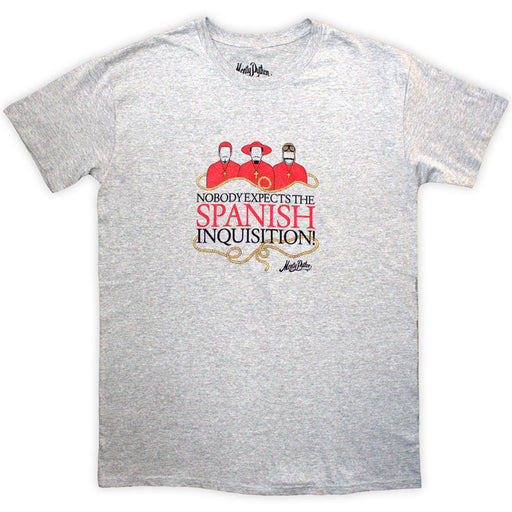 Grey marl t-shirt with a red motif depicting the Spanish Inquisition sketch by Monty Python.  - Image