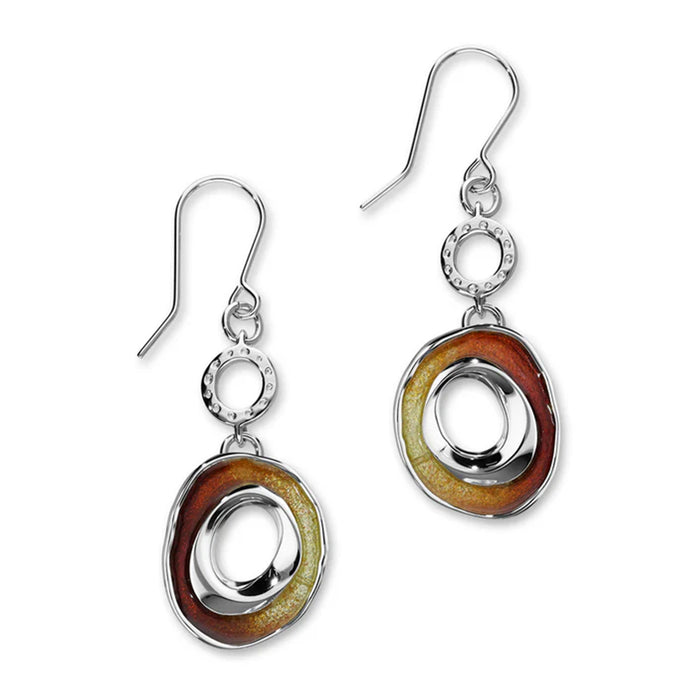 Silver circular drop earrings with a sunset coloured enamel stone