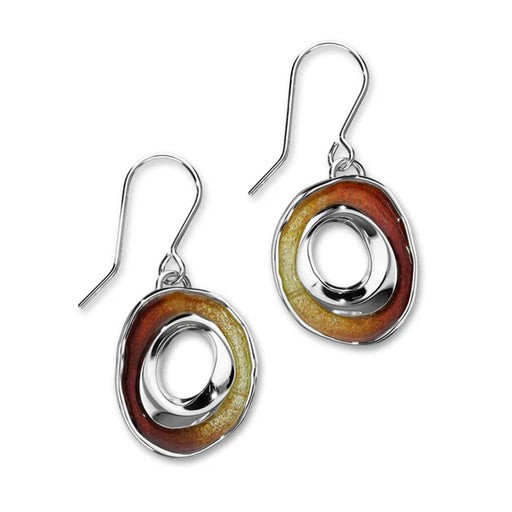 Circular silver drop earrings with  sunset coloured enamel stone