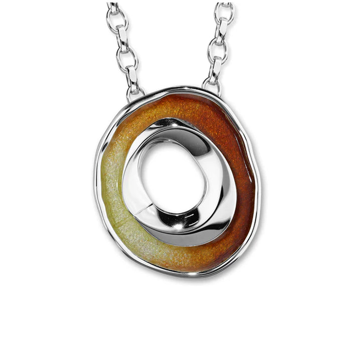 Silver circular pendant with sunset coloured enamel stones. 