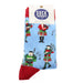 Pale Blue socks with red trims feature a print of a piper in Highland Dress.