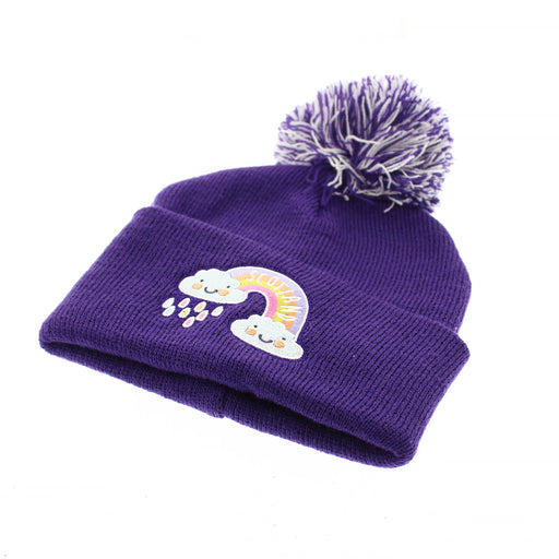 Kids purple ribbed beanie hat with pom pom. The front of the hat features a Scotland design of a happy faced rainclouds at the end of a rainbow. 