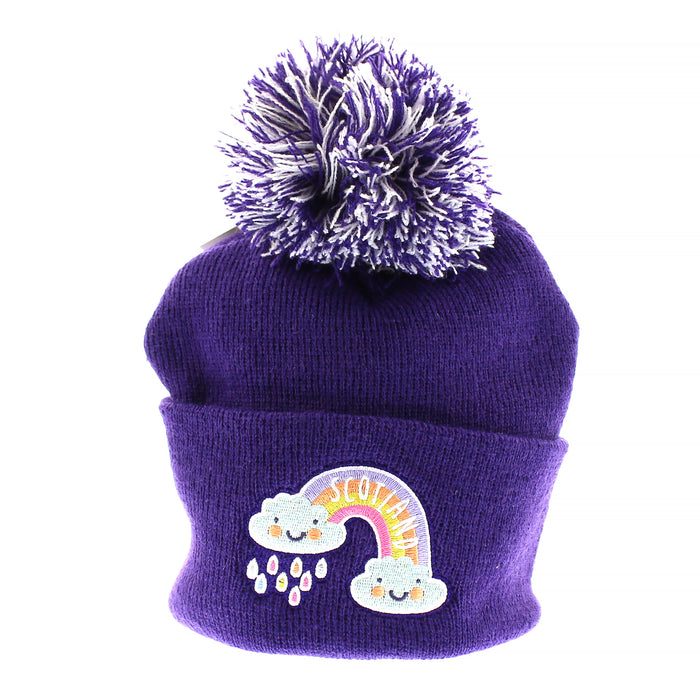 Kids purple ribbed beanie hat with pom pom. The front of the hat features a Scotland design of a happy faced rainclouds at the end of a rainbow. 