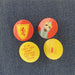 Set of 4 badges, 2 red and 2 yellow. Each badge is inspired by Robert the Bruce and the spider and features both of these characters, a quote and the lion rampant. The badges are pinned to a piece of denim. 