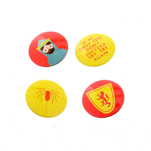 Set of 4 badges, 2 red and 2 yellow. Each badge is inspired by Robert the Bruce and the spider and features both of these characters, a quote and the lion rampant. 
