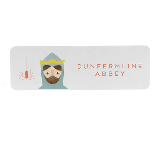 a white heavy paper bookmark in a standard rectangular shape. The words read 'DUNFERMLINE ABBEY' in red text next to a colourful modern print of Robert the Bruce and a red spider. 