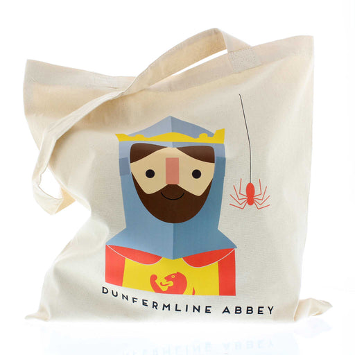The cotton tote featuring a print of Robert the Bruce is sitting against a white backdrop. 