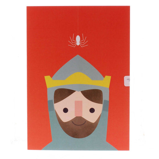 A red greeting card features a modern and bold depiction of the head of Robert the Bruce and a white spider. 