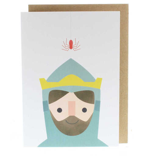 White Greeting card with a colourful print of Robert the Bruce. 