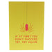 A yellow greeting card features a red spider on a string with the text underneath reading 'If at first you don't succeed, try, try again' in red. 