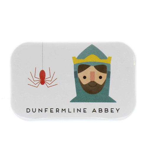 White rectangular fridge magnet featuring a colourful depiction of Robert the Bruce and a red spider. 