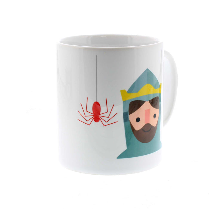 A white ceramic mug featuring a colourful print of Robert the Bruce and a Red Spider.