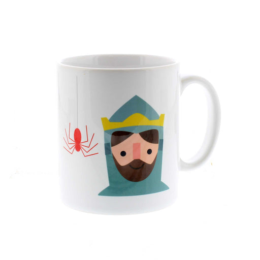 A white ceramic mug featuring a colourful print of Robert the Bruce and a Red Spider. 