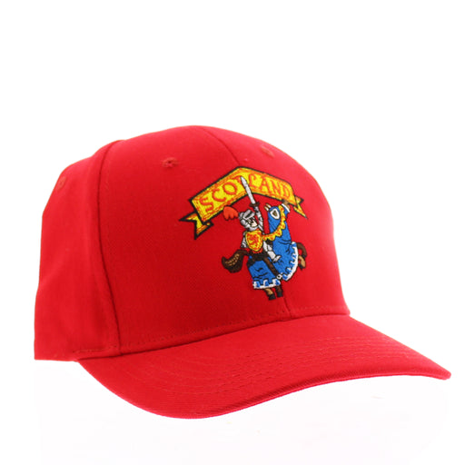 Red kids baseball cap featuring a Scotland flag design with a knight on a horse. 