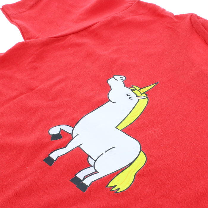 Close p of the white unicorn motif on a red t-shirt. 