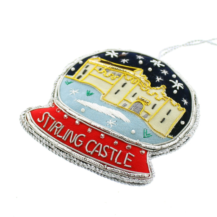 Plush hand made decoration in the shape of a snowglobe depicts Stirling Castle under a sea of stars. 