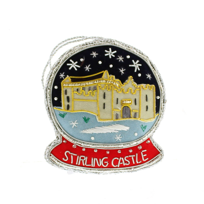 Plush hand made decoration in the shape of a snowglobe depicts Stirling Castle under a sea of stars. 