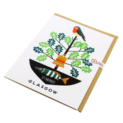 White greeting card with brown envelope included features a print inspired by the patron St Mungo which includes a fish, tree and bird.