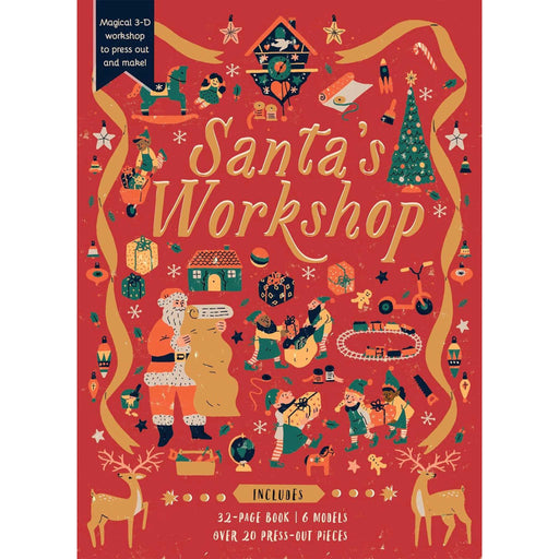 The front cover of 'Santa's Workshop' Model book features an array of Christmastime scenes on a red and gold background. 