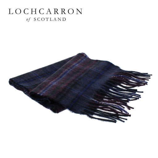 Scotland Forever Modern Tartan lambswool scarf folded. The tartan features a blue and burgundy colourway with blue and black striped. 