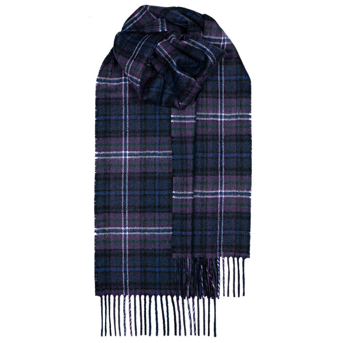 Scotland Forever Modern Tartan lambswool scarf. The tartan features a blue and burgundy colour way with blue and black striped. 