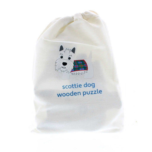 White cotton drawstring bag for the Scottie Dog Puzzle. A print of the puzzle is on the front. 