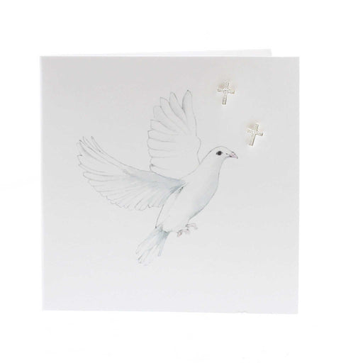 White card with a print of a white dove in flight. The card has a pair of silver cross earrings in the top right hand corner. 