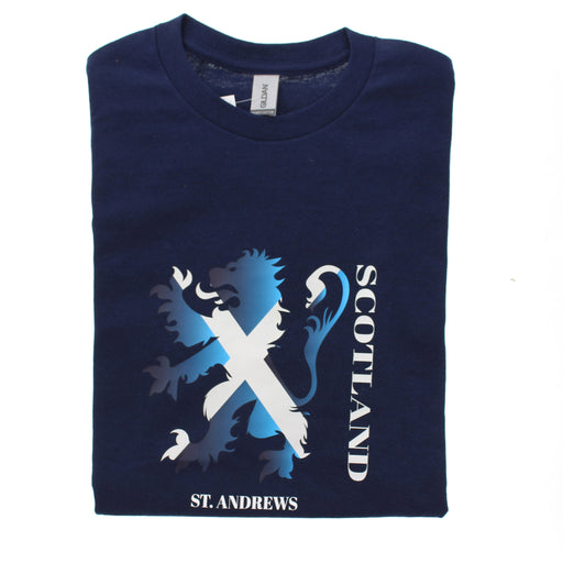 Navy folded T-shirt featuring the Lion Rampant in a saltire print. 