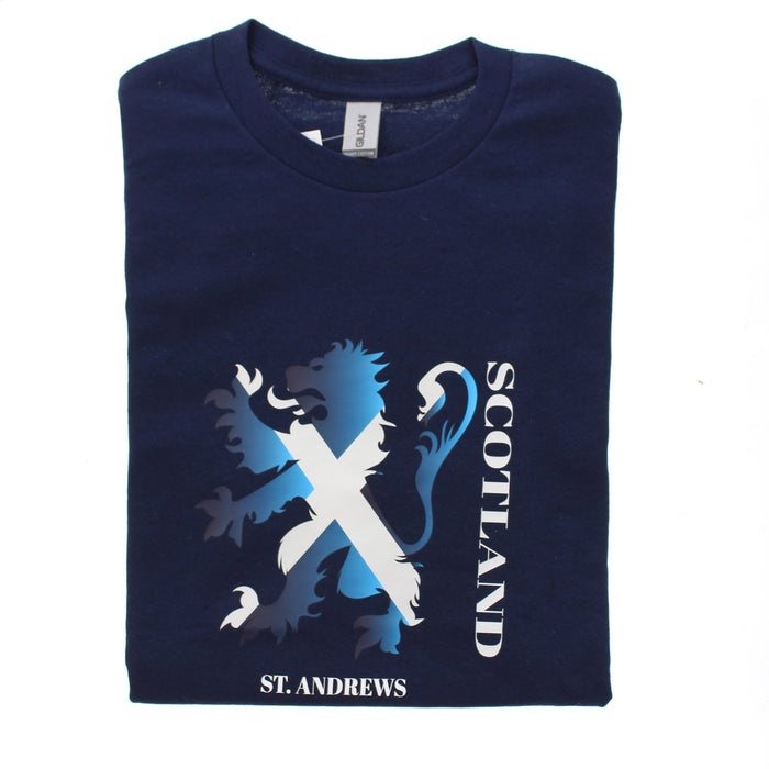 Navy folded T-shirt featuring the Lion Rampant in a saltire print. 