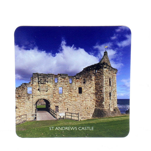 Leather and cork square coaster featuring a printed photograph of St Andrews Castle against a blue sky. 