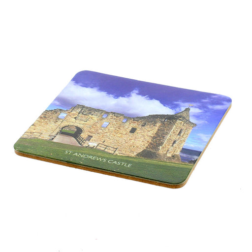 Leather and cork square coaster featuring a printed photograph of St Andrews Castle against a blue sky. 