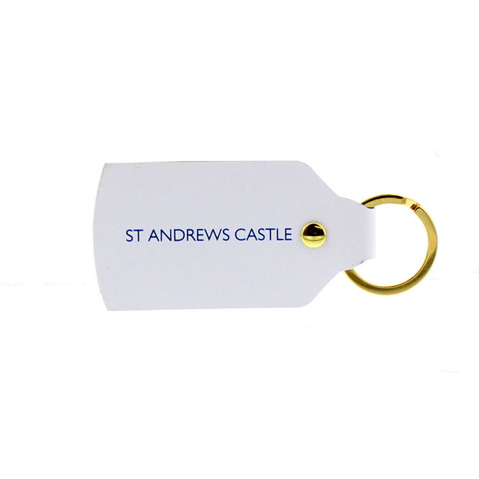 The other side of the St Andrews Castle photo keyring is in plain white leather backing with the words 'St Andrews Castle' printed in Blue. 