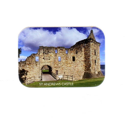 Rectangular leather magnet features a printed photograph of the St Andres Castle against a blue sky.