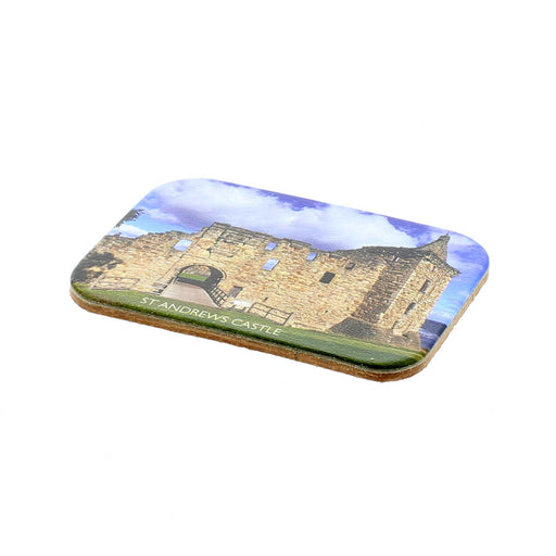 Rectangular leather magnet features a printed photograph of the St Andres Castle against a blue sky.