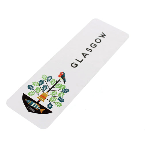 White rectangular paper bookmark that reads GLASGOW. The bottom of the bookmark features a desgin inspired by the patron St Mungo and includes a fish, tree and bird. 