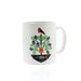 White ceramic mug  featuring symbols of Glasgow's patron Saint Mungo which depict a robin, tree and fish. 