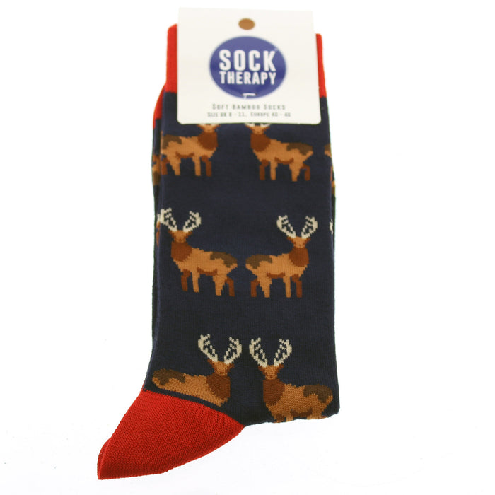 Dark green socks with a red trim feature a print of a stag.