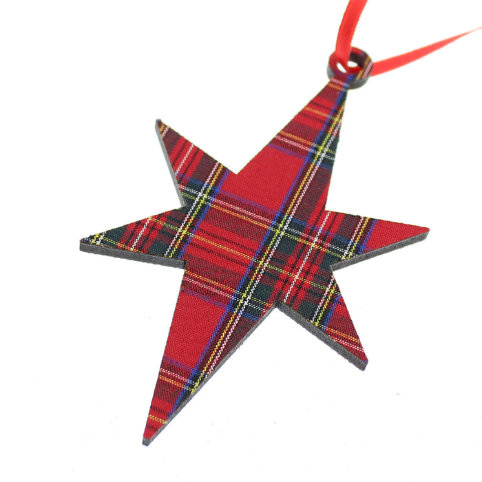 Star shaped tree decoration in a red Stewart tartan. 