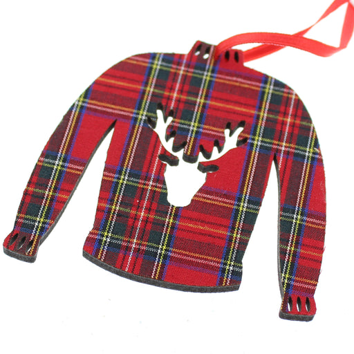 Sweater shaped tree decoration in a red Stewart tartan. 