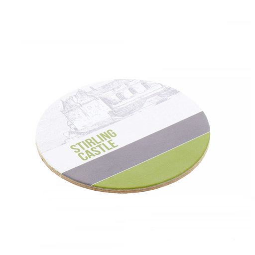 The round Stirling Castle Leather Coaster features a sketch of the Castle, the words 'Stirling Castle' printed in Green above a grey then green stripe lies flat. 