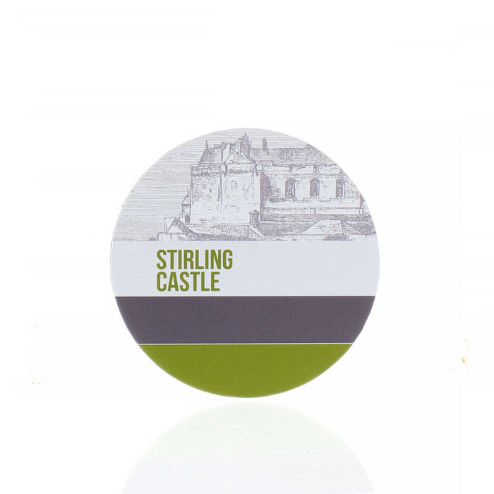 The round Stirling Castle Leather Coaster features a sketch of the Castle, the words 'Stirling Castle' printed in Green above a grey then green stripe.